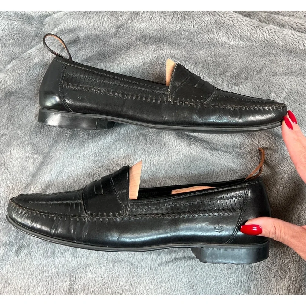 G. H. Bass & Co Penny Loafers Mens 11.5M Black Woven Leather Vtg Made in Brazil
